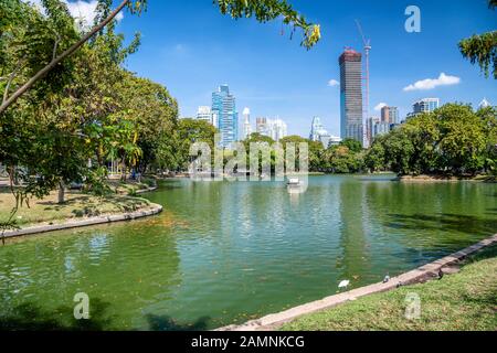 Lac, arbres et bâtiments de la ville du parc Lumphini à Bangkok. Banque D'Images