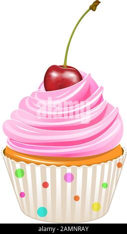 Cupcake décoré de cerises. Cupcake isolé sur un fond blanc. Illustration de Vecteur