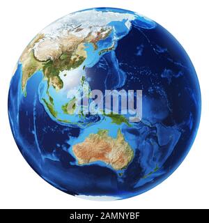 Illustration photoréaliste du globe terrestre, sur fond blanc. Vue sur l'Océanie. Sans nuages. (Cartes originales fournies par la NASA). Banque D'Images