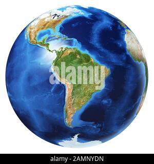 Illustration photoréaliste du globe terrestre, sur fond blanc. Vue sur l'Amérique du Sud. Sans nuages. (Cartes originales fournies par la NASA). Banque D'Images