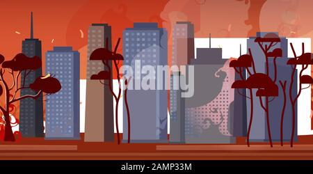 feux de forêt en australie rue de ville de feu de forêt avec gratte-ciel bushfire naturel concept de catastrophe intense orange flammes cityscape fond horizontal illustration vectorielle Illustration de Vecteur