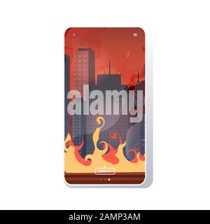 feux de forêt en australie rue de ville de feu de forêt avec gratte-ciel bushfire naturel concept de catastrophe intense orange flammes cityscape arrière-plan smartphone écran mobile application illustration vectorielle Illustration de Vecteur