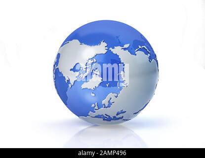 Globe terrestre stylisé. Continents gris en relief. Avec des mers transparentes pour révéler les continents de l'autre côté. Sur fond blanc. Vue sur le pôle Nord. Banque D'Images