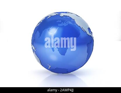 Globe terrestre stylisé. Continents gris en relief. Avec des mers transparentes pour révéler les continents de l'autre côté. Sur fond blanc. Vue sur le Pacifique. Banque D'Images