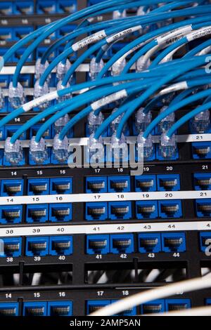 Gros plan des câbles du routeur dans un armoire de centre de données. Banque D'Images