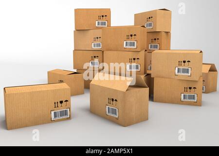 Pile de boîtes dans un entrepôt sur le sol. Rendu tridimensionnel Banque D'Images