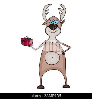 Caricature Deer isolée sur fond blanc. Renne plat drôle avec boîte cadeau rouge.élan de Noël ou orignal pour cartes, impression, paquets, papier artisanal.Vector Illustration de Vecteur