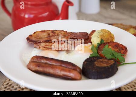 Un petit-déjeuner irlandais complet composé de bacon, oeufs, saucisses, boudin noir grillé et tomates. Banque D'Images