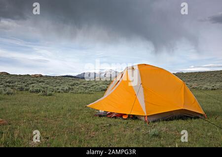 .WYOMING - Camping dispersé à haute altitude le long de la route forestière avec vue sur la chaîne de vent depuis la route de vélo de la montagne Great Divide. Banque D'Images