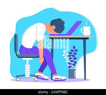 Épuisement professionnel, vecteur de concept d'effondrement émotionnel. Un travailleur indépendant fatigué et frustré est assis à la table. Jeune homme en stress dans le Illustration de Vecteur