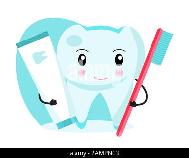 Une dent drôle tient une brosse à dents et un dentifrice. Hygiène dentaire nationale, semaine, jour. Vecteur de concept de dentisterie Illustration de Vecteur