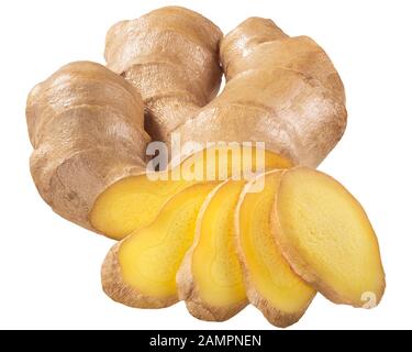 Racine de gingembre (rhizome de Zingiber officinale), partiellement coupée en tranches Banque D'Images