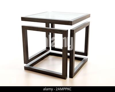 Rendu tridimensionnel d'une table basse moderne en bois avec plan d'examen en verre sur fond blanc Banque D'Images
