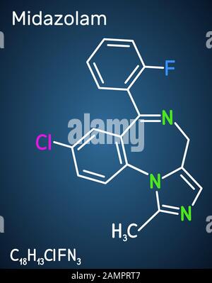 Molécule de midazolam. Est un médicament à action courte avec des propriétés anxiolytiques, anticonvulsivantes, hypnotiques, relaxantes musculaires, sédatives, amnésiques. Chimic. Structural Illustration de Vecteur