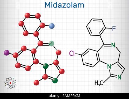 Molécule de midazolam. Est un médicament à action courte avec des propriétés anxiolytiques, anticonvulsivantes, hypnotiques, relaxantes musculaires, sédatives, amnésiques. Forme structurelle Illustration de Vecteur