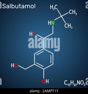 Salbutamol, molécule d'Albuterol. Il s'agit d'un agoniste à action courte utilisé dans le traitement de l'asthme et de la MPOC. Formule chimique structurelle sur le ba bleu foncé Illustration de Vecteur