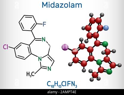 Molécule de midazolam. Est un médicament à action courte avec des propriétés anxiolytiques, anticonvulsivantes, hypnotiques, relaxantes musculaires, sédatives, amnésiques. Chimic. Structural Illustration de Vecteur