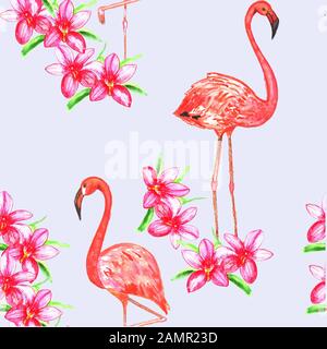 motif sans couture avec fleurs aquarelles et flamants roses Banque D'Images