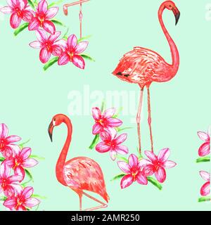 motif sans couture avec fleurs aquarelles et flamants roses Banque D'Images
