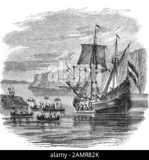 Henry HUDSON (c 1565-1611) marin et explorateur anglais dans son navire Half Moon en 1609 recueille des informations sur la rivière plus tard nom après lui Banque D'Images