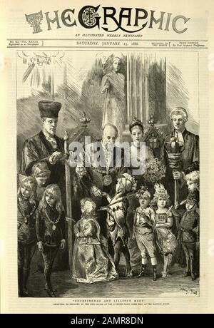 Première page du journal illustré graphique, 1886. Brobdingnag et Lilliput se rencontrent. Réception des enfants par le maire du Seigneur à la balle de déguisement juvénile à la Mansion House, Londres Banque D'Images