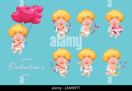 Bonne Saint Valentin. Drôle Cupid enfant, jeu de sept poses, mignon personnage de dessin animé. Illustration vectorielle sur fond bleu Illustration de Vecteur