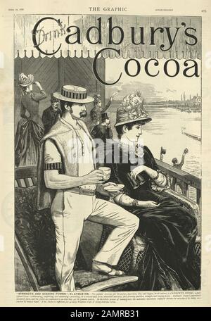 Publicité pour la boisson Cocoa de Cadbury, 1886, XIXe siècle. Un jeune couple boit tout en regardant la course en bateau Banque D'Images