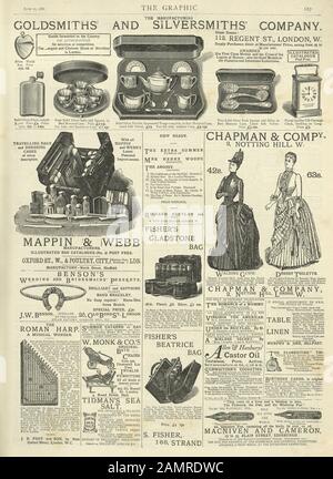 Page des annonces de journaux, 1886, Victorian 19ème siècle, ensemble de thé, robes pour femmes Banque D'Images