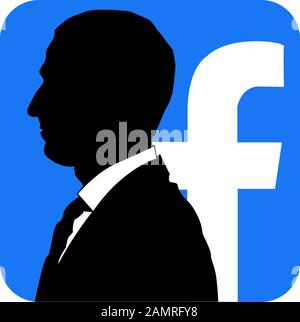 Marquez la silhouette Zuckerberg et la forme du logo facebook derrière lui. Illustration raster conceptuelle. Banque D'Images