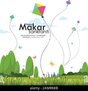 Illustration du papier peint Happy Makar Sankranti avec une chaîne de cerf-volant colorée pour le festival Illustration de Vecteur