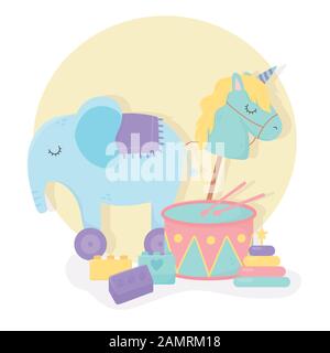 éléphant de tambour avec roues cheval blocs de cheval dessin animé enfants jouets illustration vectorielle Illustration de Vecteur