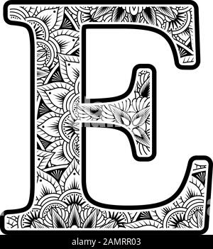 lettre majuscule e avec ornements abstraits de fleurs en noir et blanc. design inspiré du style d'art mandala pour la coloration. Isolé sur fond blanc Illustration de Vecteur