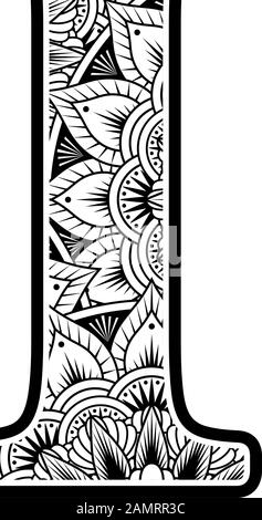 lettre majuscule i avec ornements abstraits de fleurs en noir et blanc. design inspiré du style d'art mandala pour colorier. Isolé sur fond blanc Illustration de Vecteur