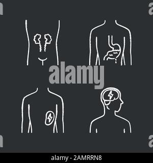 Jeu d'icônes de craie d'organes humains malades. Reins douloureux et rate. Estomac douloureux. Cerveau malsain. Parties internes du corps malades. Tableau de surveillance vectoriel isolé Illustration de Vecteur