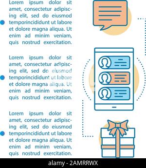 Modèle vectoriel de page d'article de récompenses marketing de référence. Programme de fidélité. Brochure, magazine, élément de conception de livret avec icônes linéaires et zones de texte. Illustration de Vecteur