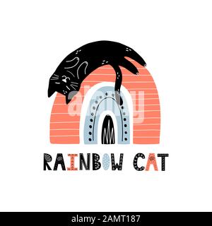Imprimé chat arc-en-ciel pour les enfants. Carte ou affiche de style scandinave avec lettres dessinées à la main Illustration de Vecteur