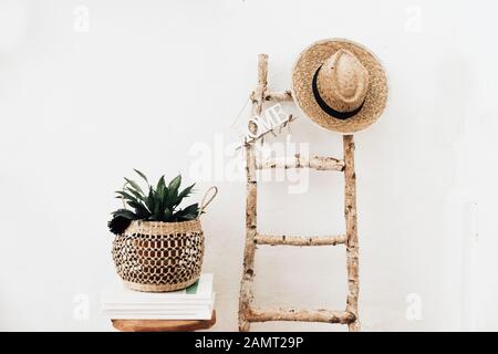 Planter dans un porte-macrame sur un tabouret en bois à côté d'une échelle Banque D'Images