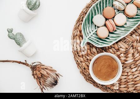 Macarons sur un plat en forme de feuille, décorations de cactus, fleur de protea séchée et une tasse de café sur un fond blanc Banque D'Images