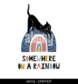 Quelque part sur un imprimé arc-en-ciel avec un chat mignon. Affiche magique de style scandinave Illustration de Vecteur