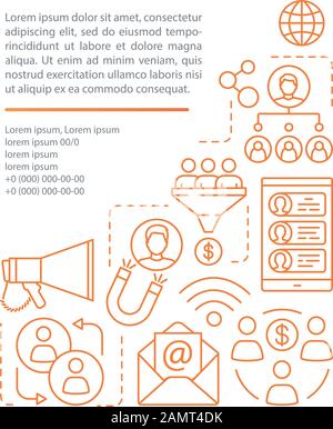 Référence, modèle vectoriel de page d'article de programme de marketing viral. Brochure, magazine, élément de conception de livret avec icônes linéaires et zones de texte. Imprimer des Illustration de Vecteur