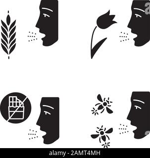 Jeu d'icônes de glyphe allergies. Fièvre du foin, allergie aux aliments et aux piqûres d'insectes. Sensibilité du système immunitaire. Sources d'allergène. Problème médical. Silhouette Illustration de Vecteur