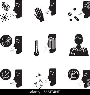 Jeu d'icônes de glyphe allergies. Contact, nourriture, maladies respiratoires. Sources d'allergène. Diagnostic et médicaments. Hypersensibilité du système immunitaire. Silhoue Illustration de Vecteur