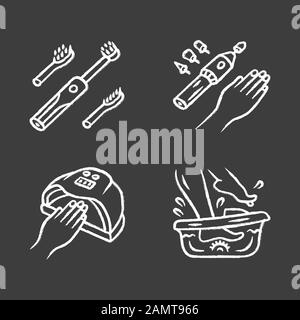 Ensemble d'icônes de craie pour appareils de beauté. Masseur électrique pour brosse à dents et bain bouillonnant pour les pieds. Manucure électrique et séchoir à ongles. Foret pour limes à ongles. Séchage du gel. Illustration de Vecteur