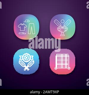 Jeux d'icônes d'application de championnat de cricket. Tournoi sportif. Uniforme, champion Cup, défaite, vue. Concours sportif. Interface utilisateur UI/UX. Web ou mobile Illustration de Vecteur