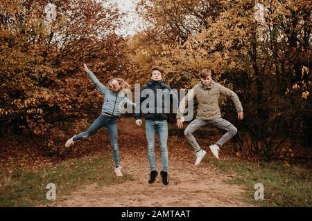 Trois enfants en automne sautant dans les bois en avion, Pays-Bas Banque D'Images