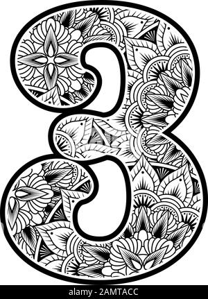 numéro 3 avec ornements abstraits de fleurs en noir et blanc. design inspiré du style d'art mandala pour colorier. Isolé sur fond blanc Illustration de Vecteur