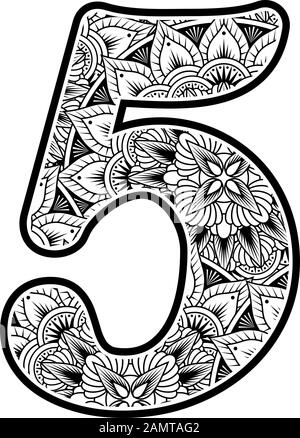 numéro 5 avec ornements abstraits de fleurs en noir et blanc. design inspiré du style d'art mandala pour colorier. Isolé sur fond blanc Illustration de Vecteur