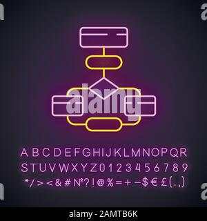 Schéma d'écoulement icône néon. Organigramme. Visualisation du processus. Étapes de résolution des problèmes. Séquence logique de programme. Algorithme. Signe lumineux avec alphabet, Illustration de Vecteur