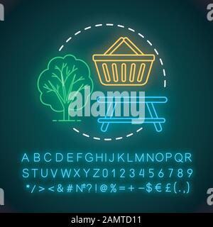 Icône de concept de lumière au néon pique-nique. Activités familiales avec idée enfants. Repas à l'extérieur. Déjeuner dans la nature avec une cuisine brillante. Signe lumineux avec alphabet, engourdi Illustration de Vecteur