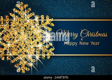 Joyeux Noël carte de vœux. Flocon de neige doré et paillettes sur fond bleu foncé. Texte joyeux Noël et Bonne année. Illustration Vectorielle. Banque D'Images